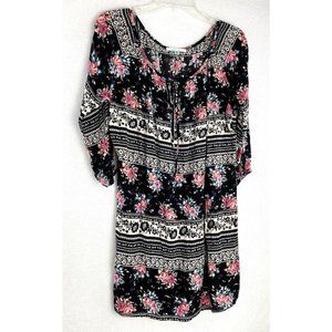 Wasabi + Mint floral Peasant Boho Mini Dress Sleeve Scoop Neck 3/4 Sleeve Sz: M
